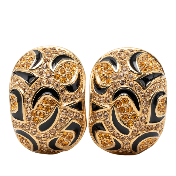 Dior Jewelry - Pre-Loved Dior Gold Plated Strass Enamel Oval Clip On Earrings